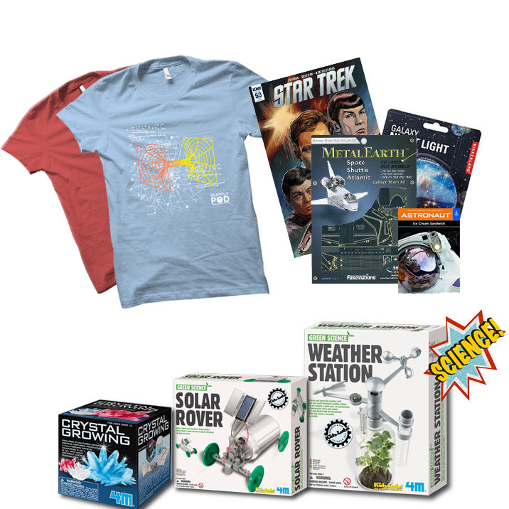T-shirts, Do it yourself science kits, and 2-4 other awesome items are in every pod
